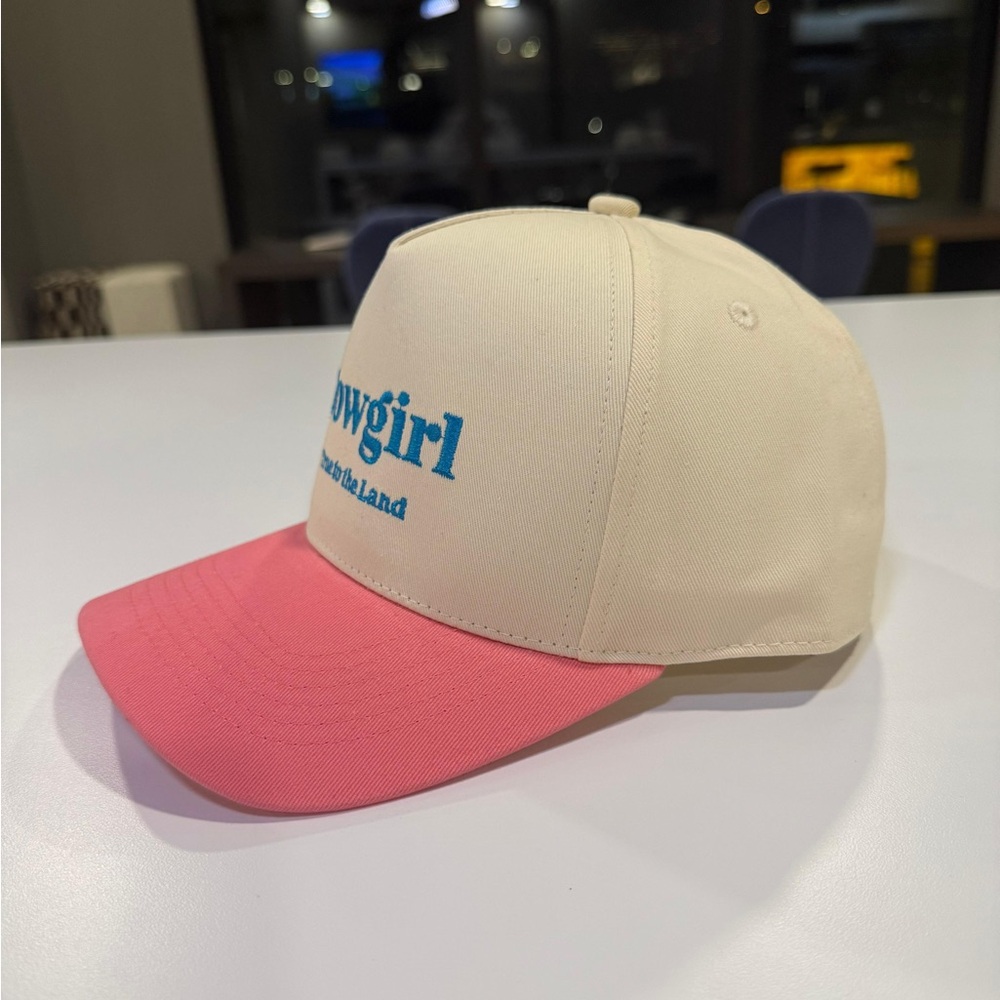 Cream and Pink Cap with Blue Logo